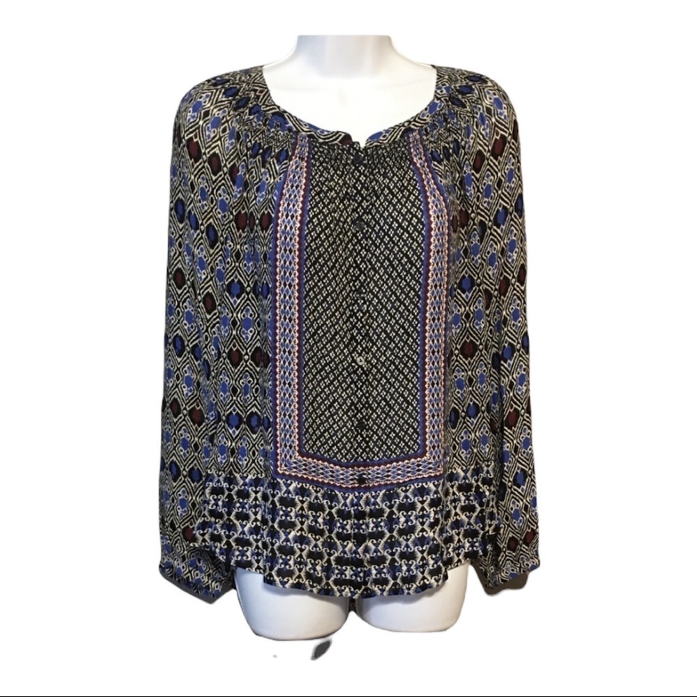 Lucky Brand Women’s Medium Boho Peasant Top Blue Black Geo Print Long Sleeve